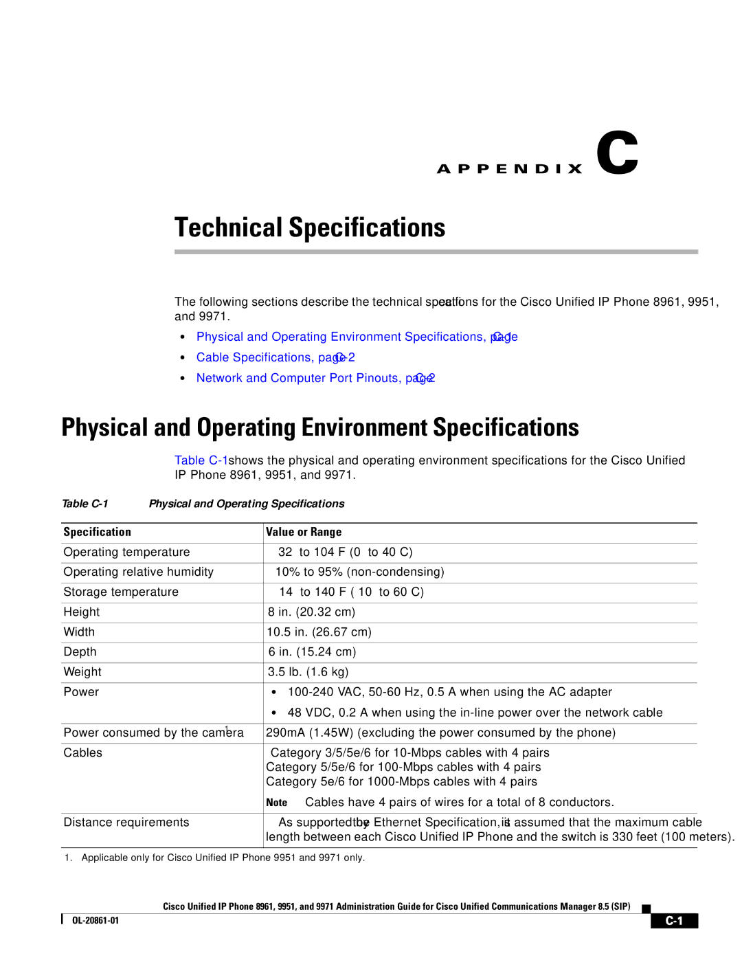 Cisco Systems 8961 manual Physical and Operating Environment Specifications, Specification Value or Range 