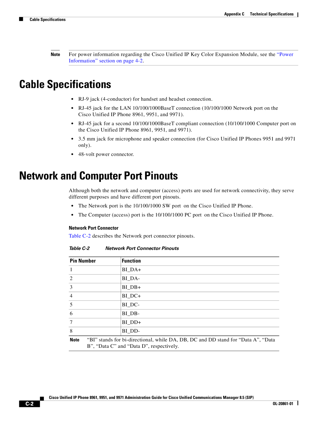 Cisco Systems 8961 Cable Specifications, Network and Computer Port Pinouts, Network Port Connector, Pin Number Function 