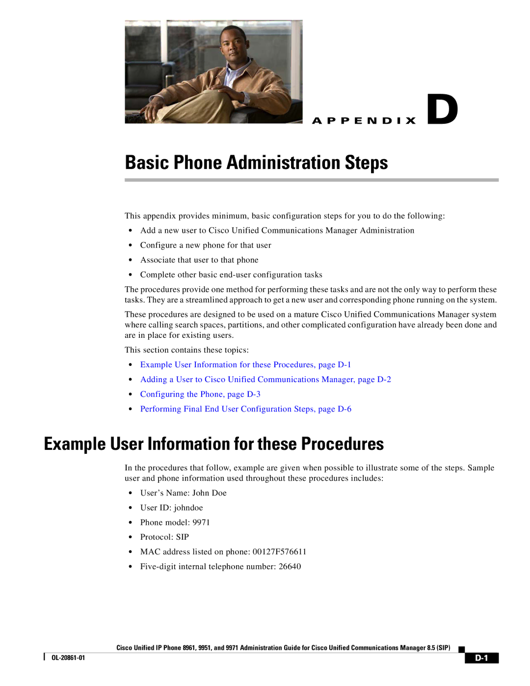 Cisco Systems 8961 manual Basic Phone Administration Steps, Example User Information for these Procedures 