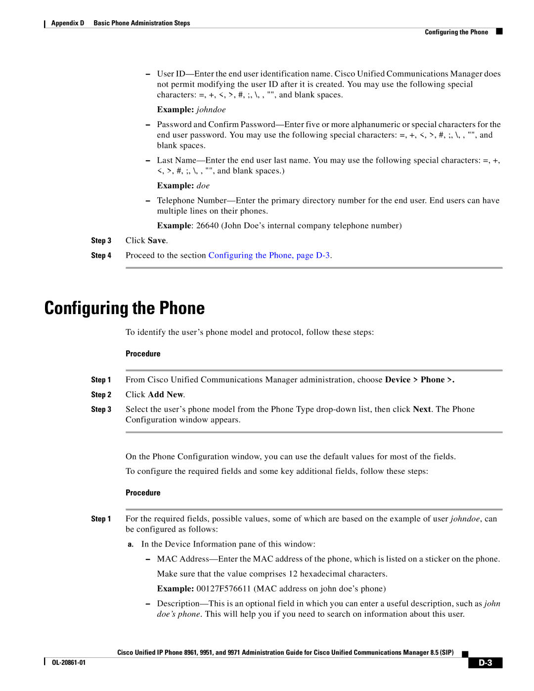 Cisco Systems 8961 manual Configuring the Phone, Example johndoe, Example doe 