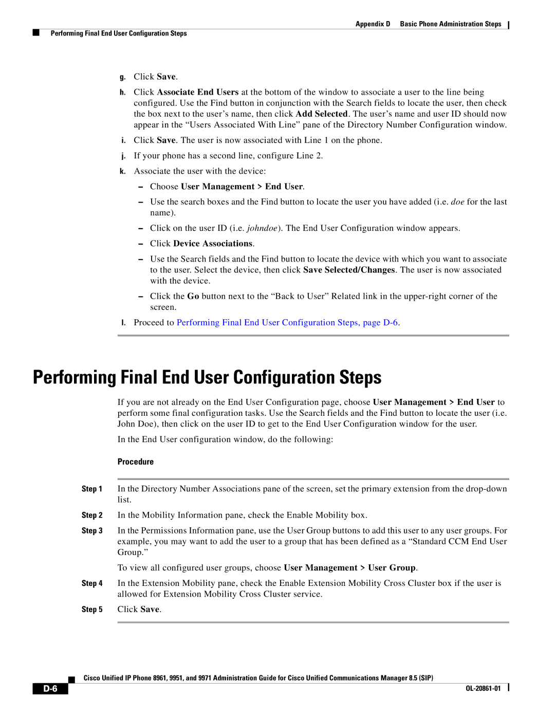 Cisco Systems 8961 manual Performing Final End User Configuration Steps, Choose User Management End User 