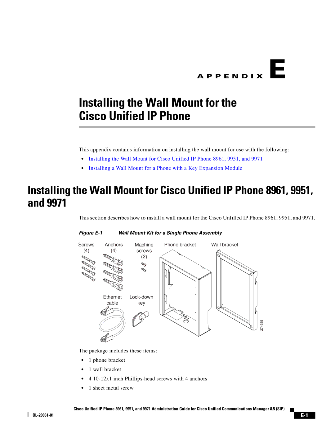 Cisco Systems 8961 manual Installing the Wall Mount for Cisco Unified IP Phone 