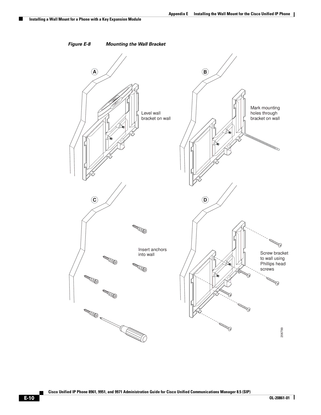 Cisco Systems 8961 manual Figure E-8 Mounting the Wall Bracket 