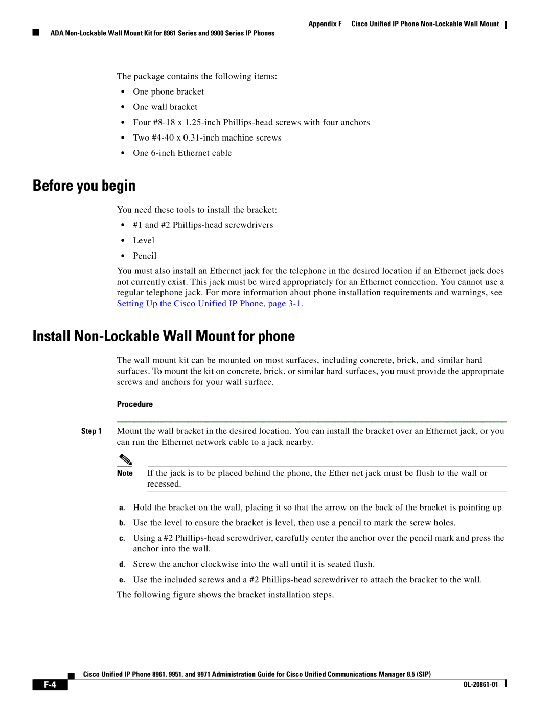 Cisco Systems 8961 manual Before you begin, Install Non-Lockable Wall Mount for phone 