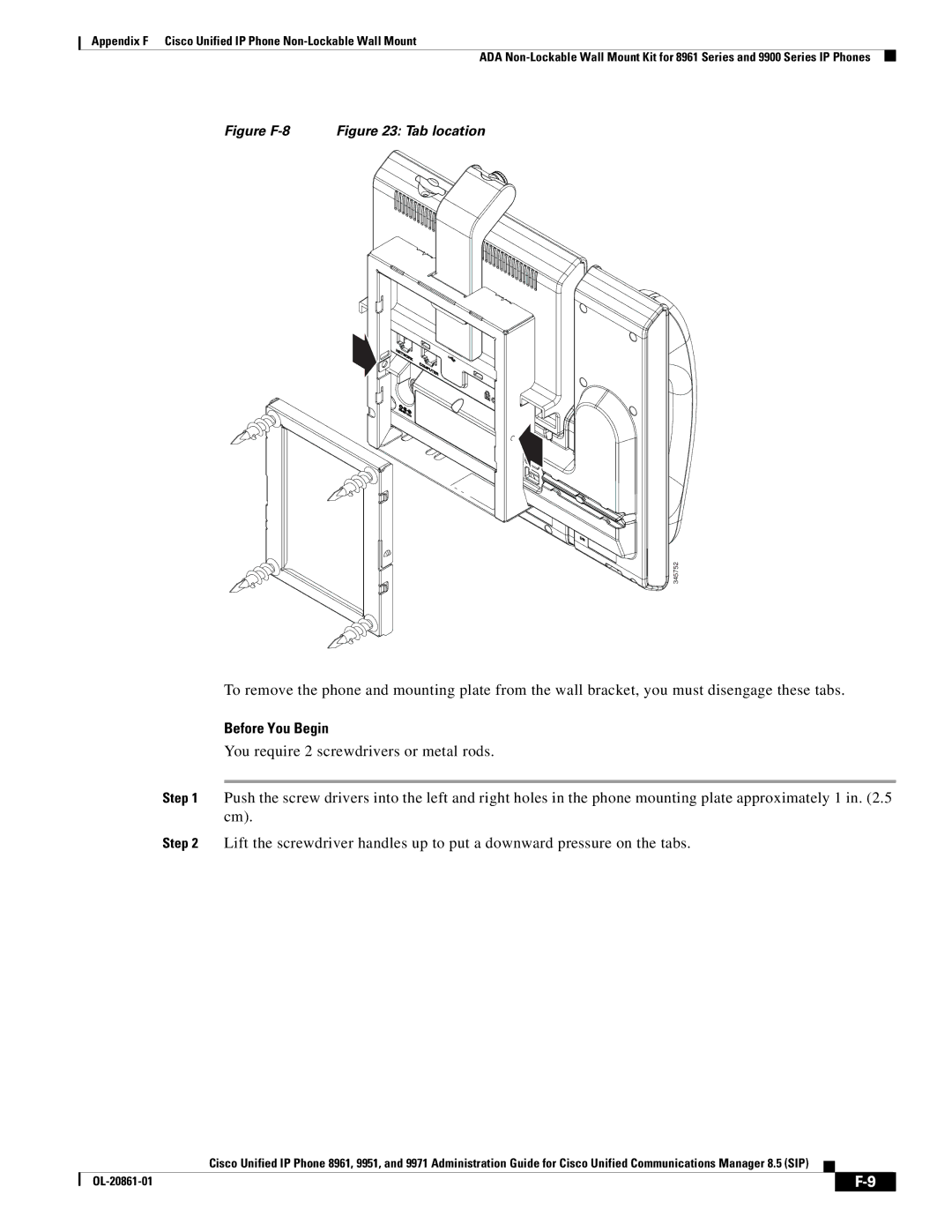 Cisco Systems 8961 manual Figure F-8 Tab location 