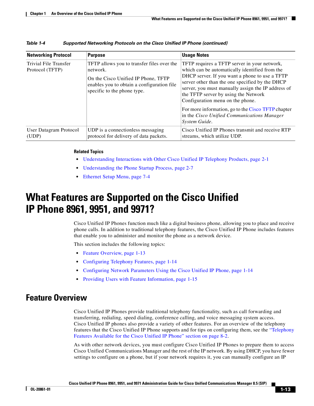 Cisco Systems 8961 manual Feature Overview, Cisco Unified Communications Manager, System Guide, Udp, Related Topics 