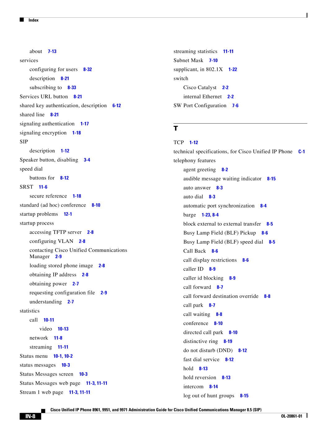 Cisco Systems 8961 manual IN-8 