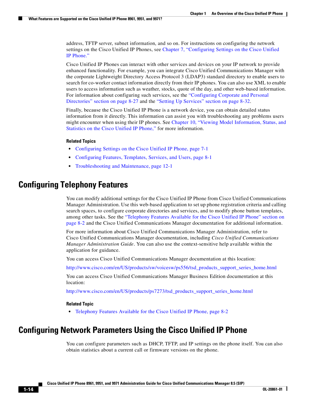 Cisco Systems 8961 manual Configuring Telephony Features, Related Topic 