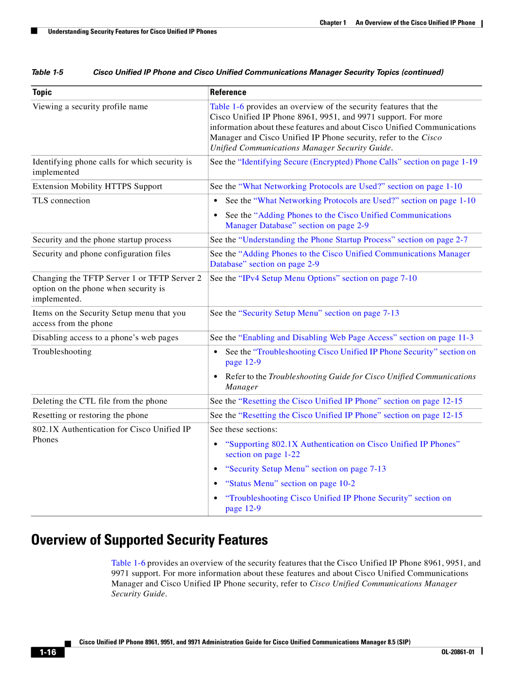 Cisco Systems 8961 manual Overview of Supported Security Features, Unified Communications Manager Security Guide 