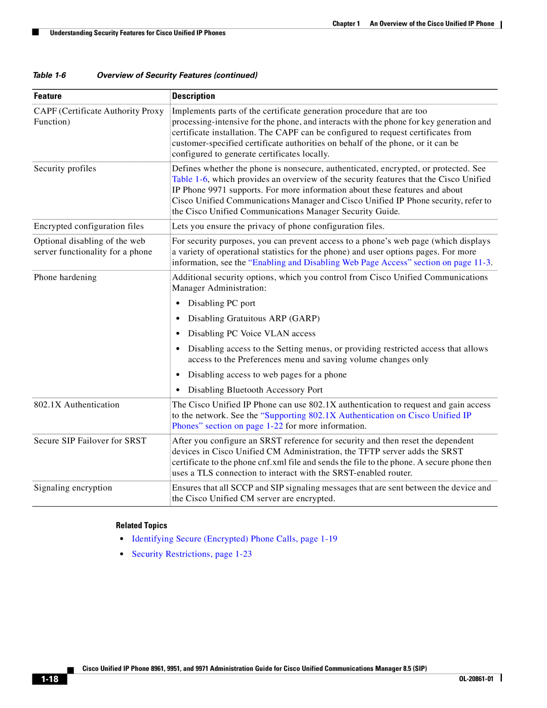 Cisco Systems 8961 Cisco Unified Communications Manager Security Guide, Phones section on page 1-22for more information 