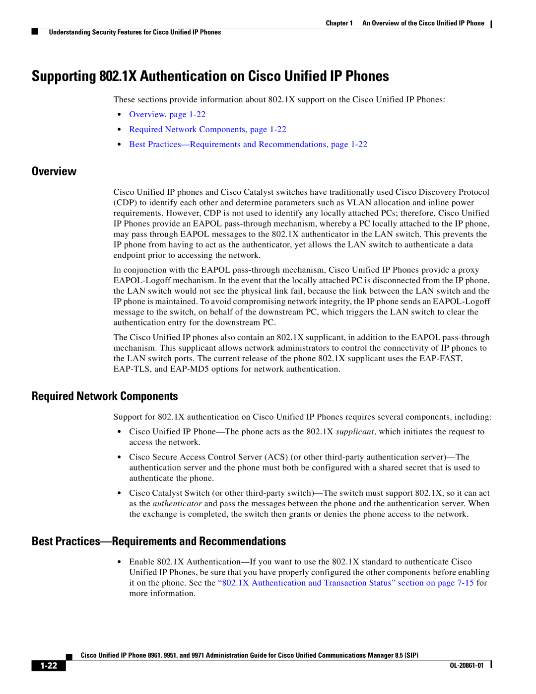 Cisco Systems 8961 manual Supporting 802.1X Authentication on Cisco Unified IP Phones, Overview 