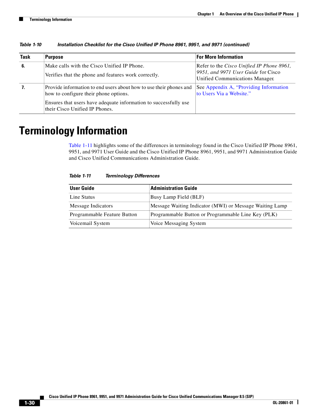 Cisco Systems 8961 manual Terminology Information, Refer to the Cisco Unified IP Phone, 9951, and 9971 User Guide for Cisco 