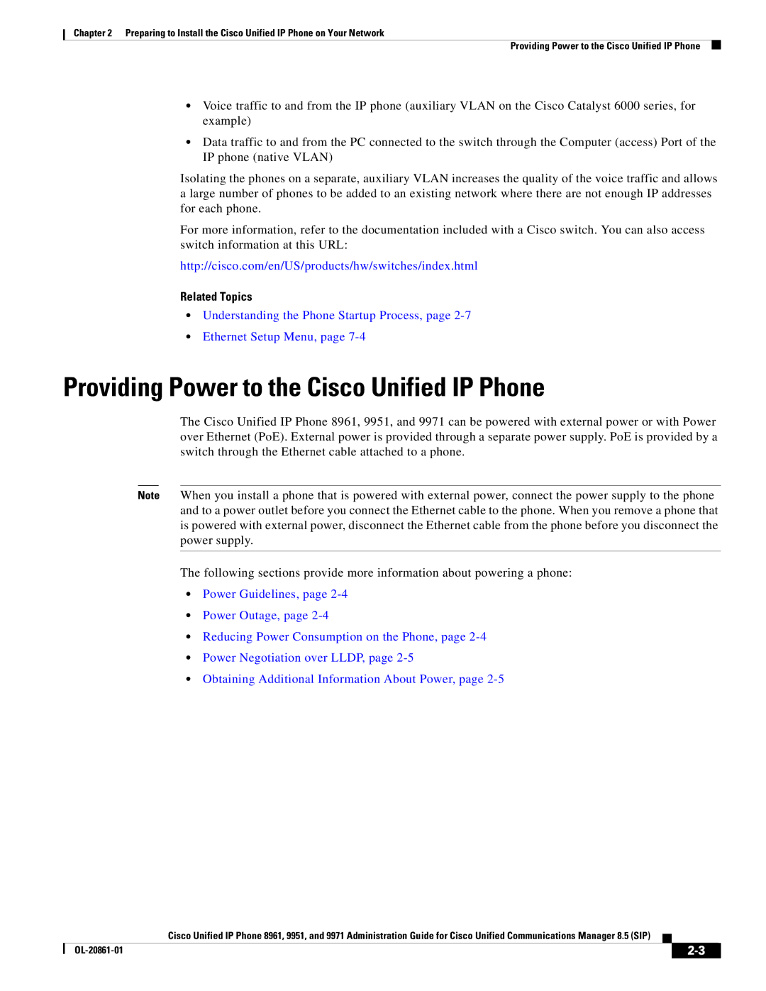 Cisco Systems 8961 manual Providing Power to the Cisco Unified IP Phone, Related Topics 