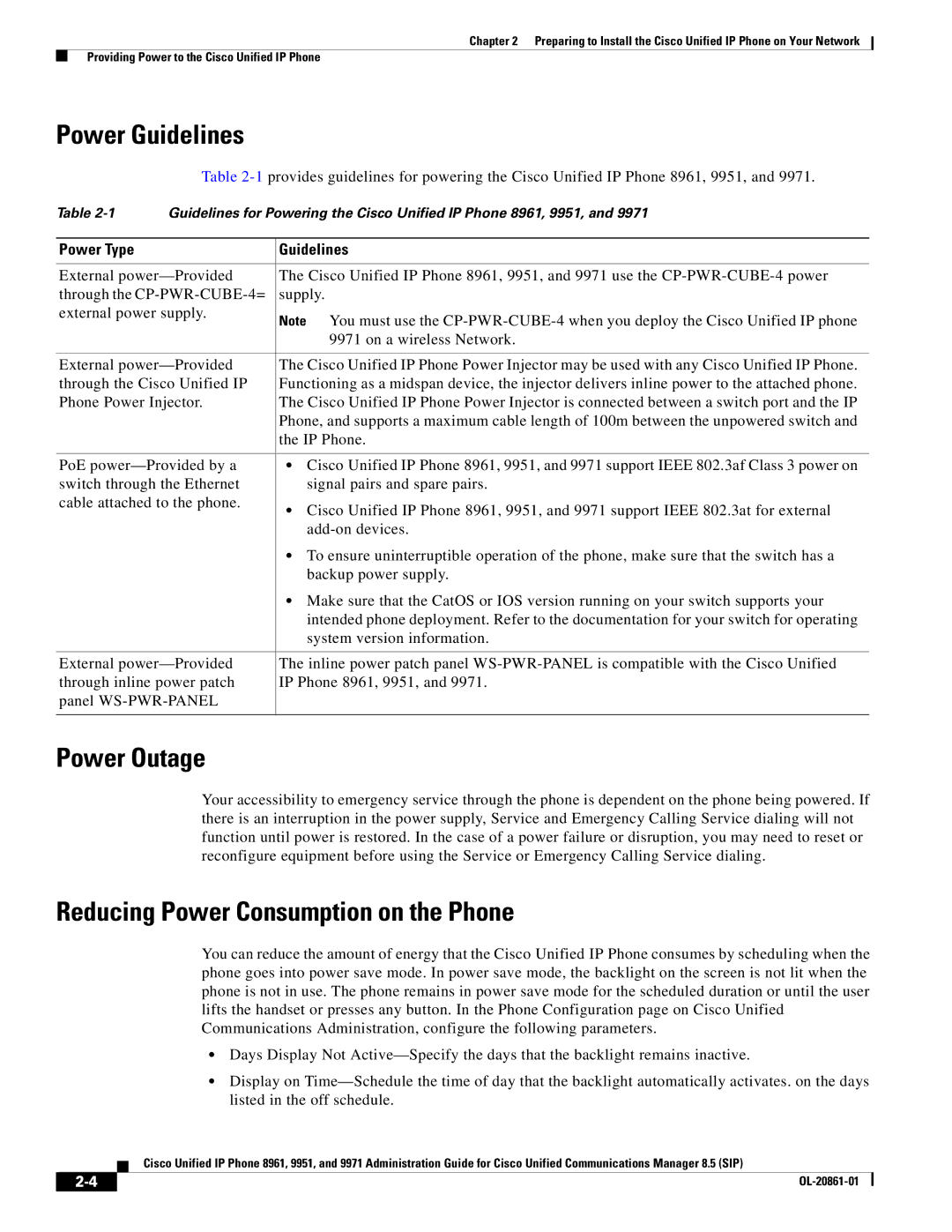 Cisco Systems 8961 manual Power Guidelines, Power Outage, Reducing Power Consumption on the Phone, Power Type Guidelines 