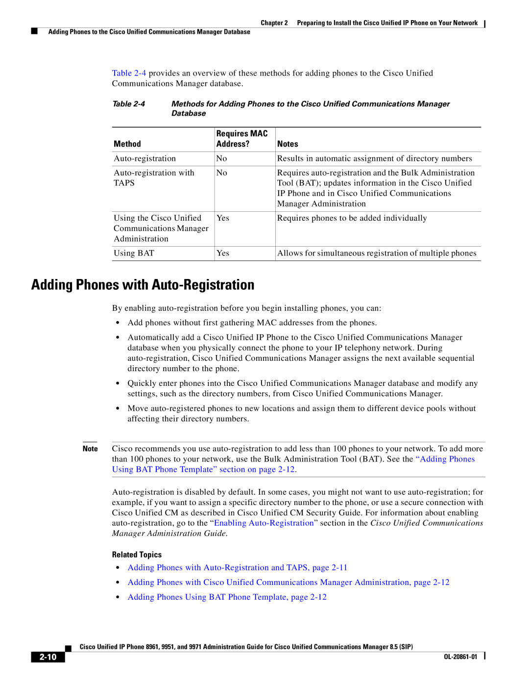 Cisco Systems 8961 manual Adding Phones with Auto-Registration, Requires MAC Method Address?, Taps 