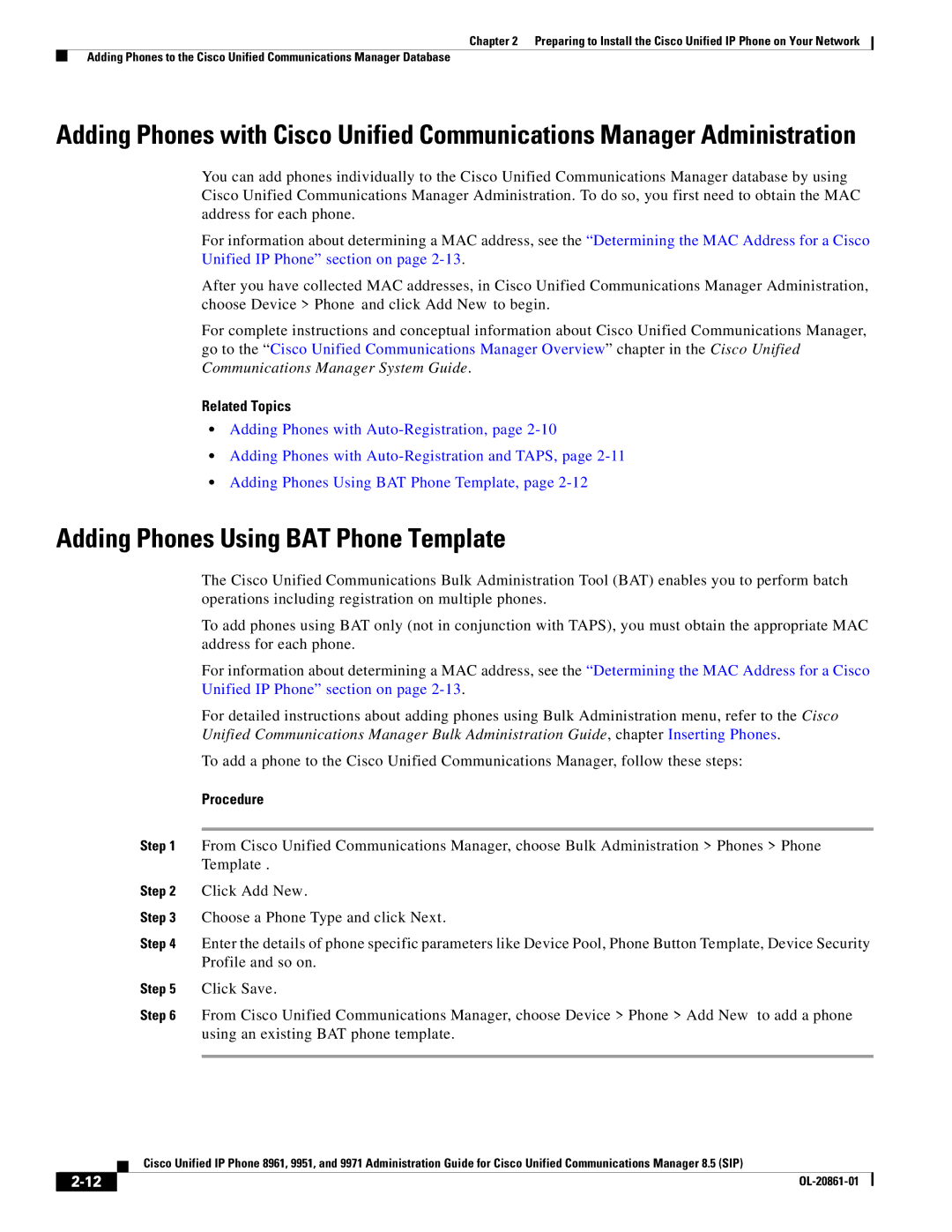 Cisco Systems 8961 manual Adding Phones Using BAT Phone Template, Procedure 