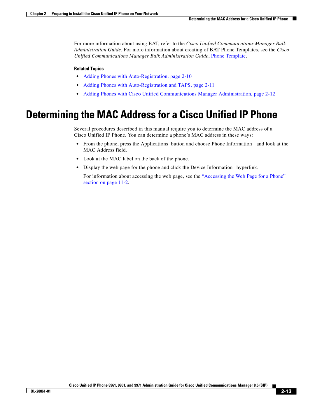 Cisco Systems 8961 manual Determining the MAC Address for a Cisco Unified IP Phone 