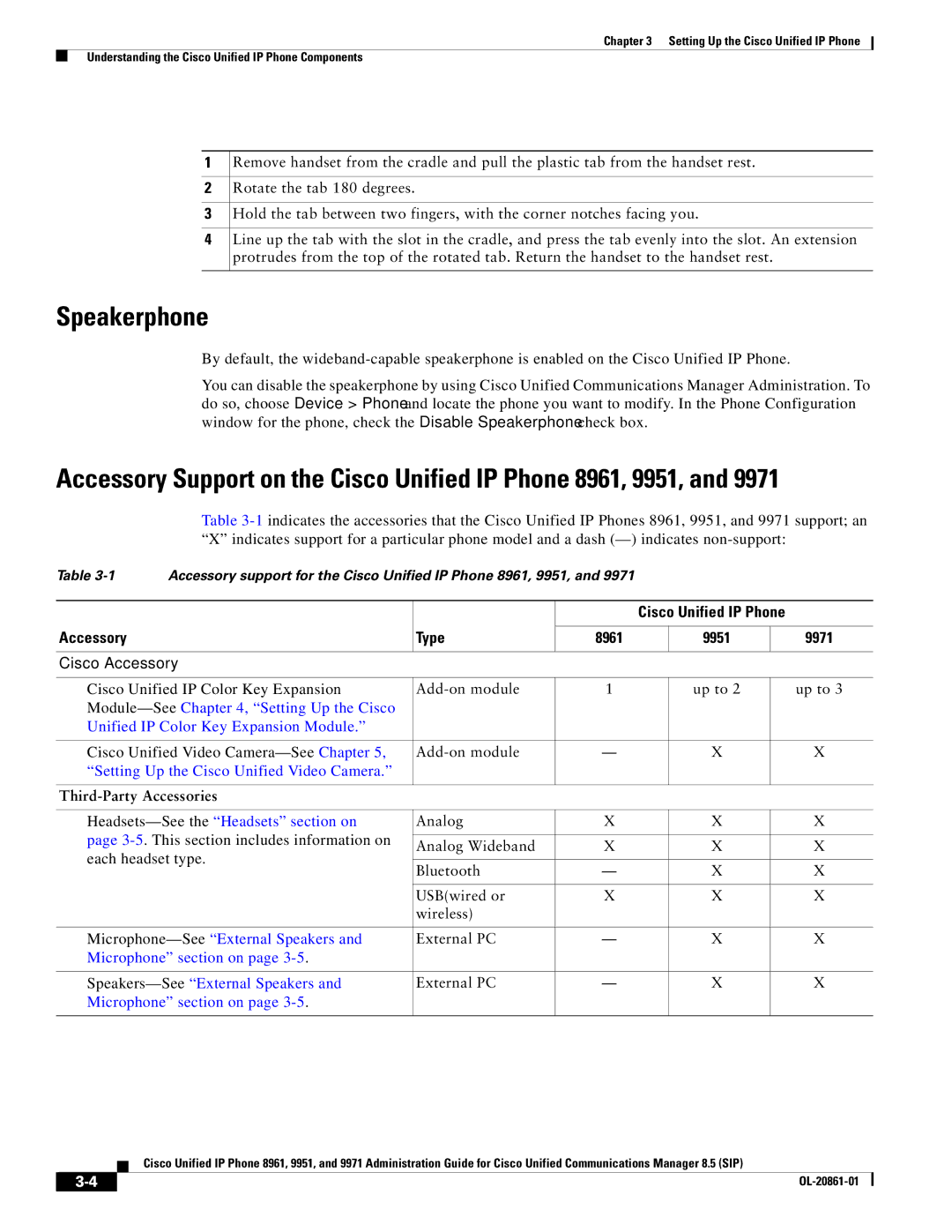 Cisco Systems 8961 manual Speakerphone, Accessory Type, Cisco Accessory, Third-Party Accessories 