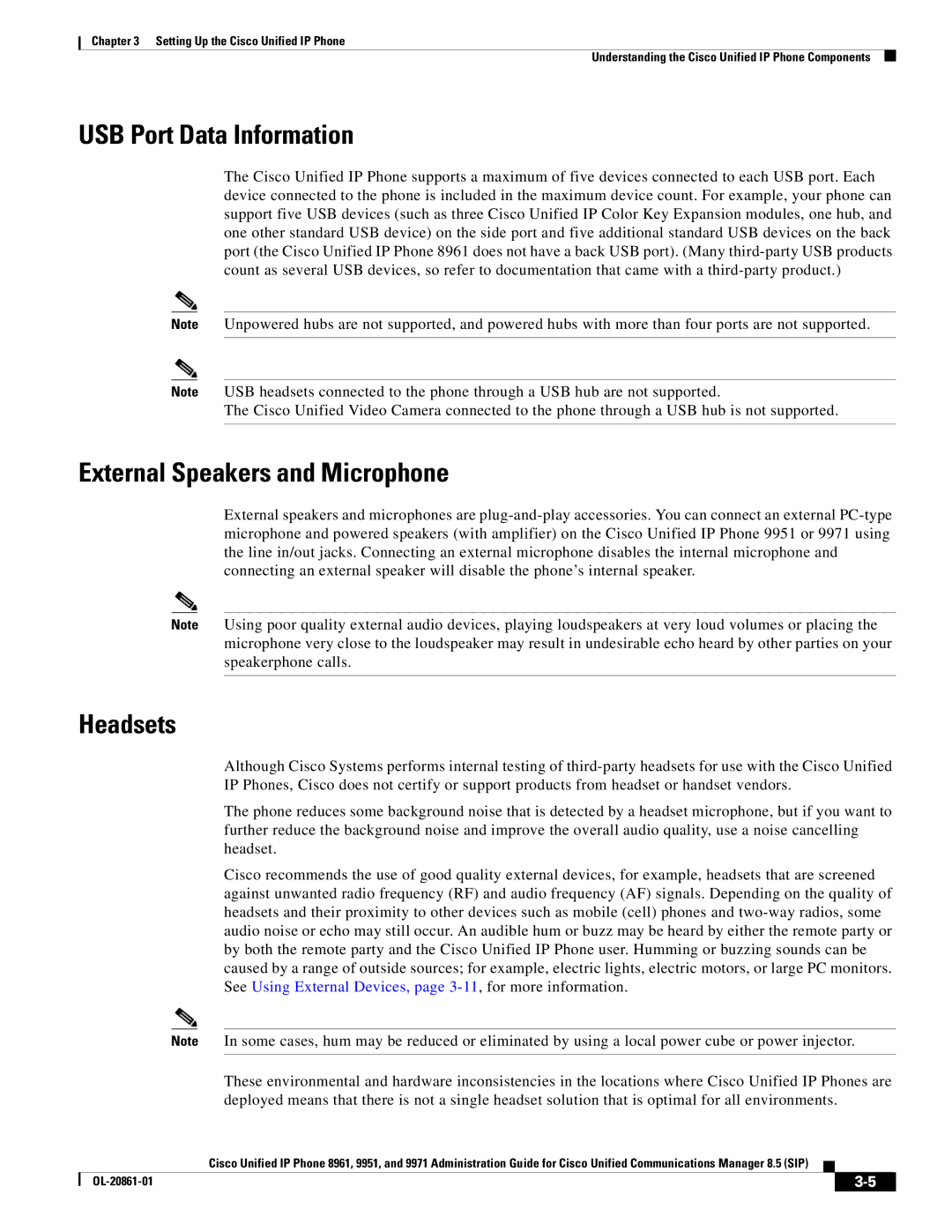 Cisco Systems 8961 manual USB Port Data Information, External Speakers and Microphone, Headsets 