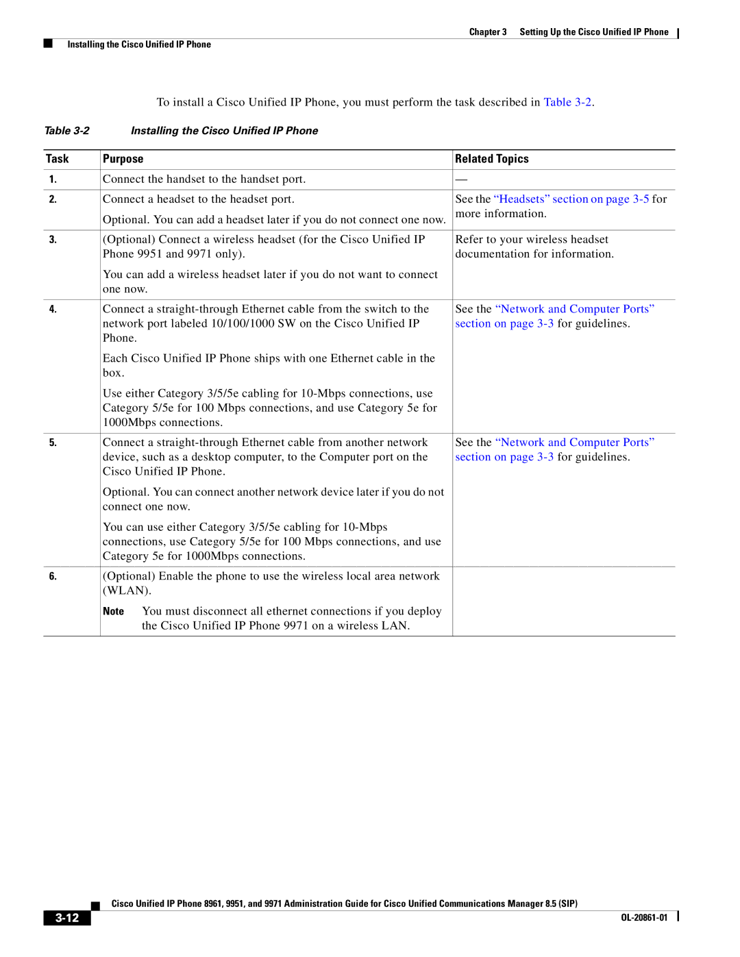 Cisco Systems 8961 manual See the Headsets section on page 3-5for, See the Network and Computer Ports, Wlan 