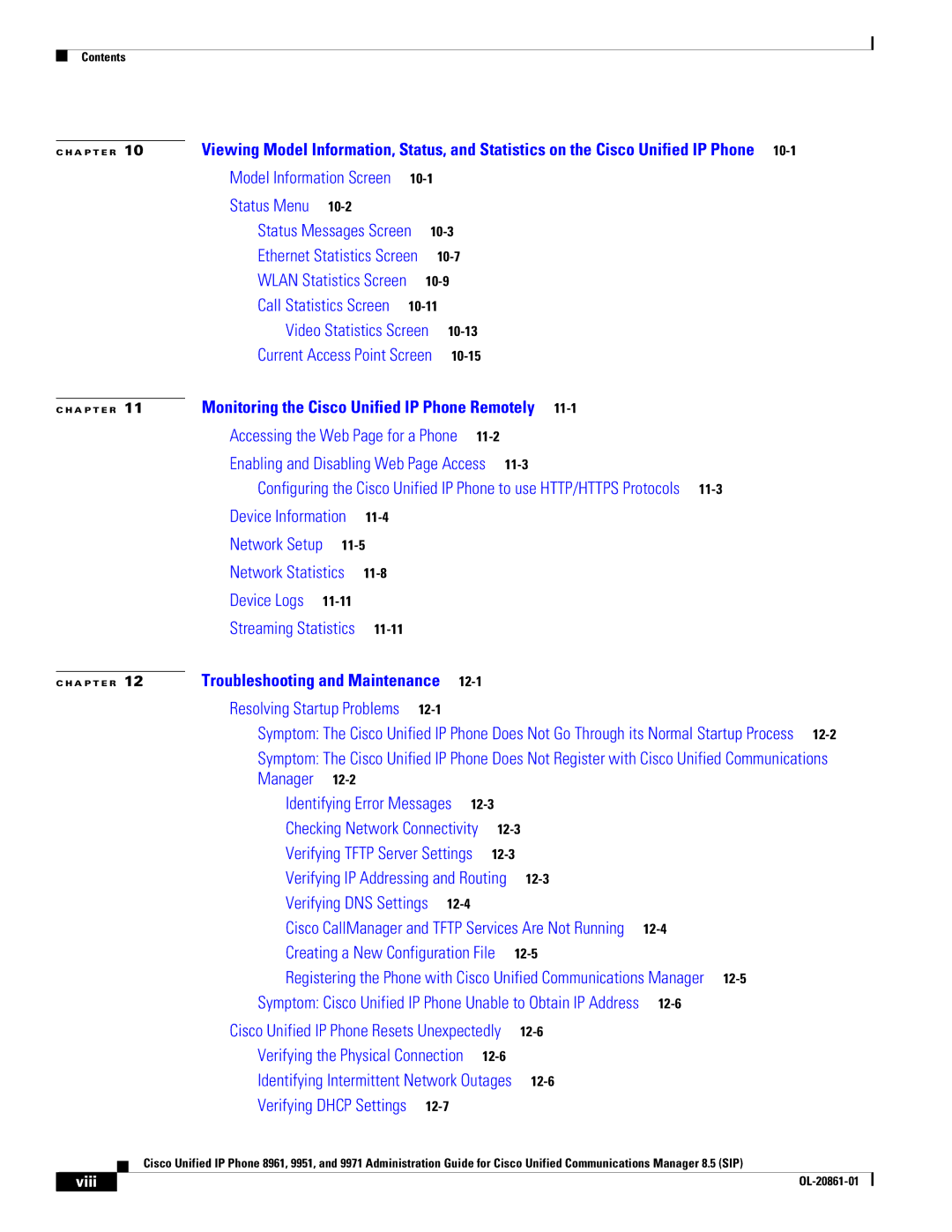 Cisco Systems 8961 manual Status Menu, Viii 