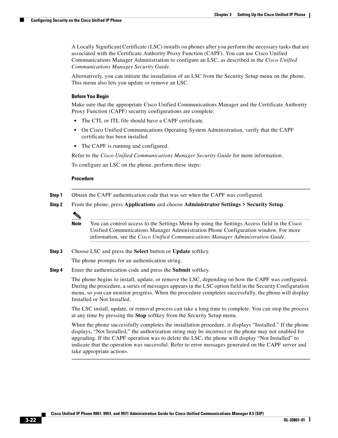 Cisco Systems 8961 manual Before You Begin, To configure an LSC on the phone, perform these steps 