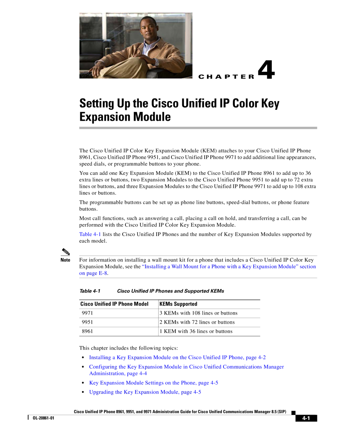 Cisco Systems 8961 Setting Up the Cisco Unified IP Color Key Expansion Module, Cisco Unified IP Phone Model KEMs Supported 