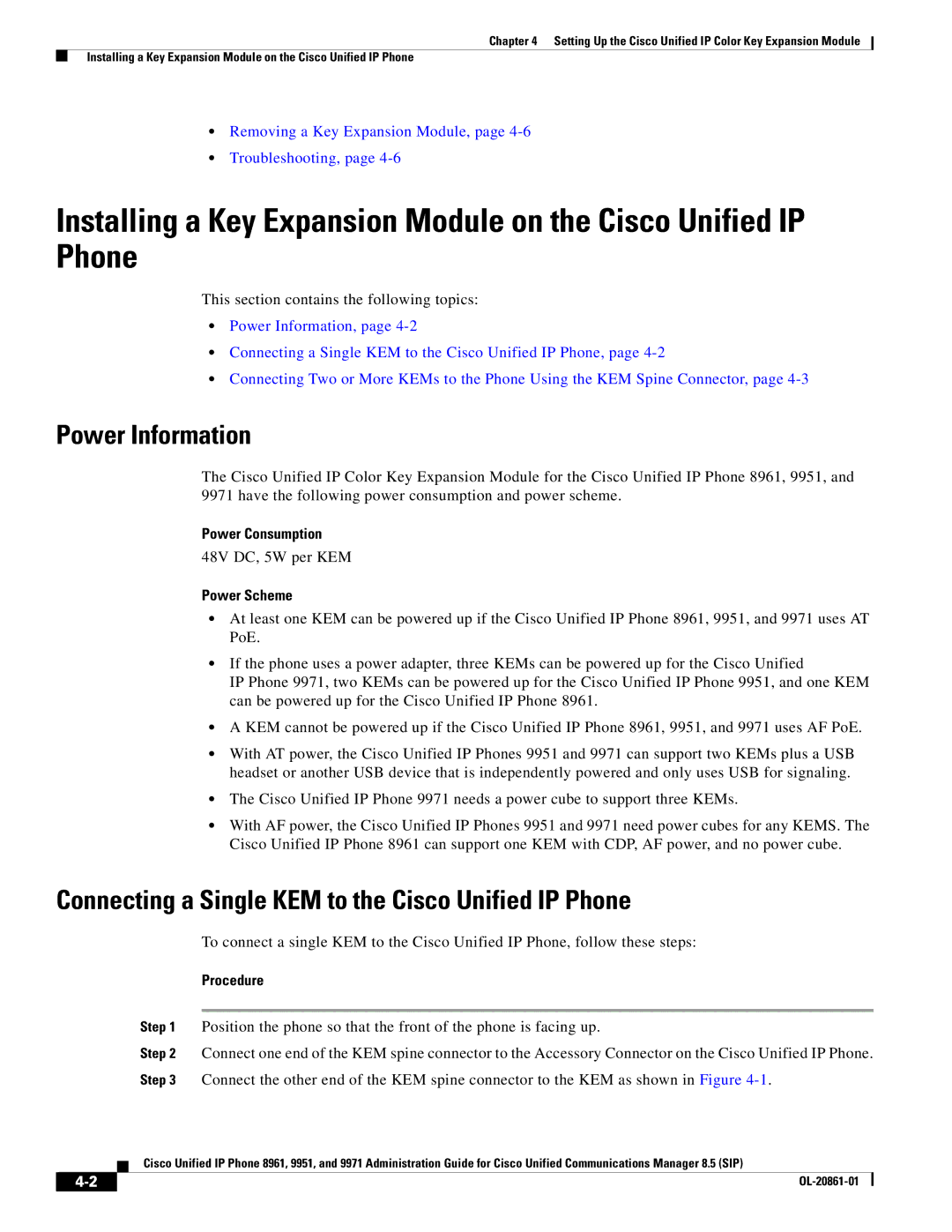 Cisco Systems 8961 manual Power Information, Connecting a Single KEM to the Cisco Unified IP Phone, Power Consumption 