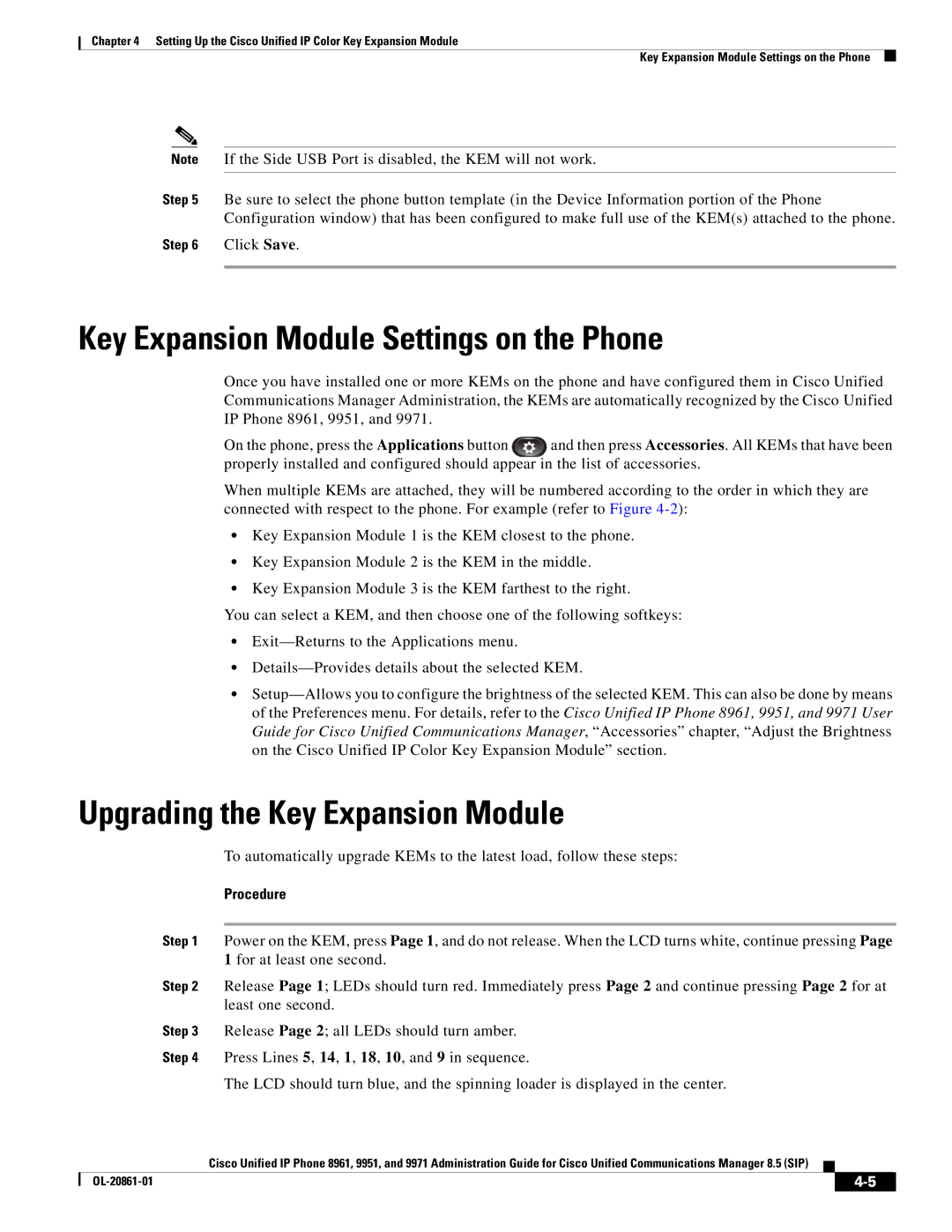 Cisco Systems 8961 manual Key Expansion Module Settings on the Phone, Upgrading the Key Expansion Module 