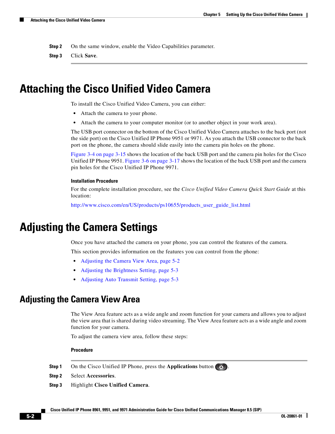 Cisco Systems 8961 Attaching the Cisco Unified Video Camera, Adjusting the Camera Settings, Adjusting the Camera View Area 