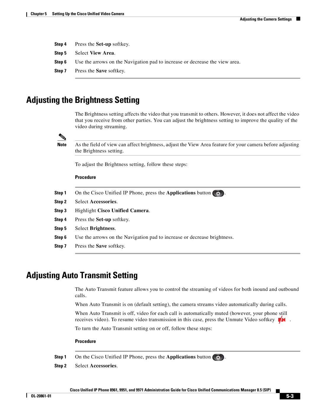 Cisco Systems 8961 Adjusting the Brightness Setting, Adjusting Auto Transmit Setting, Select View Area, Select Brightness 