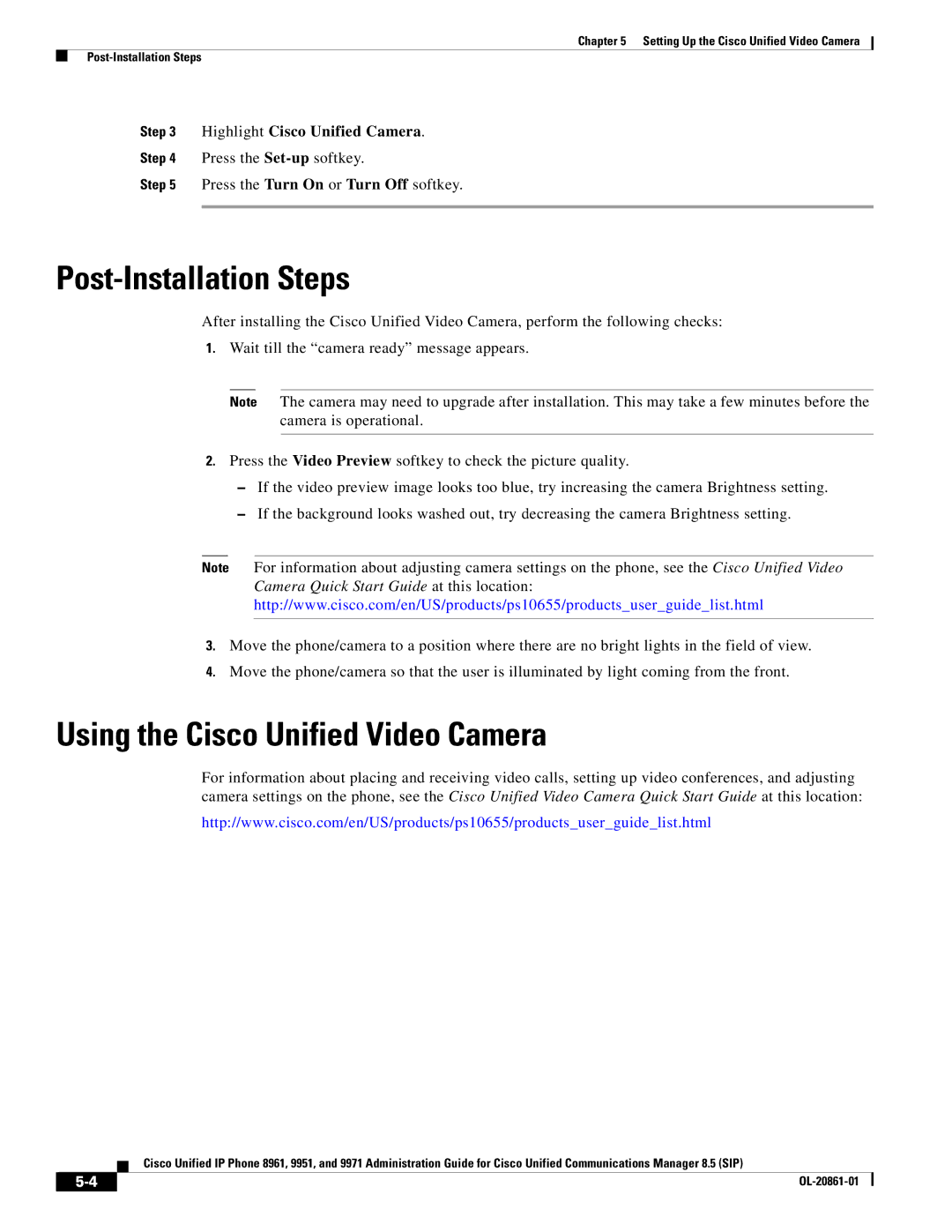 Cisco Systems 8961 manual Post-Installation Steps, Using the Cisco Unified Video Camera 