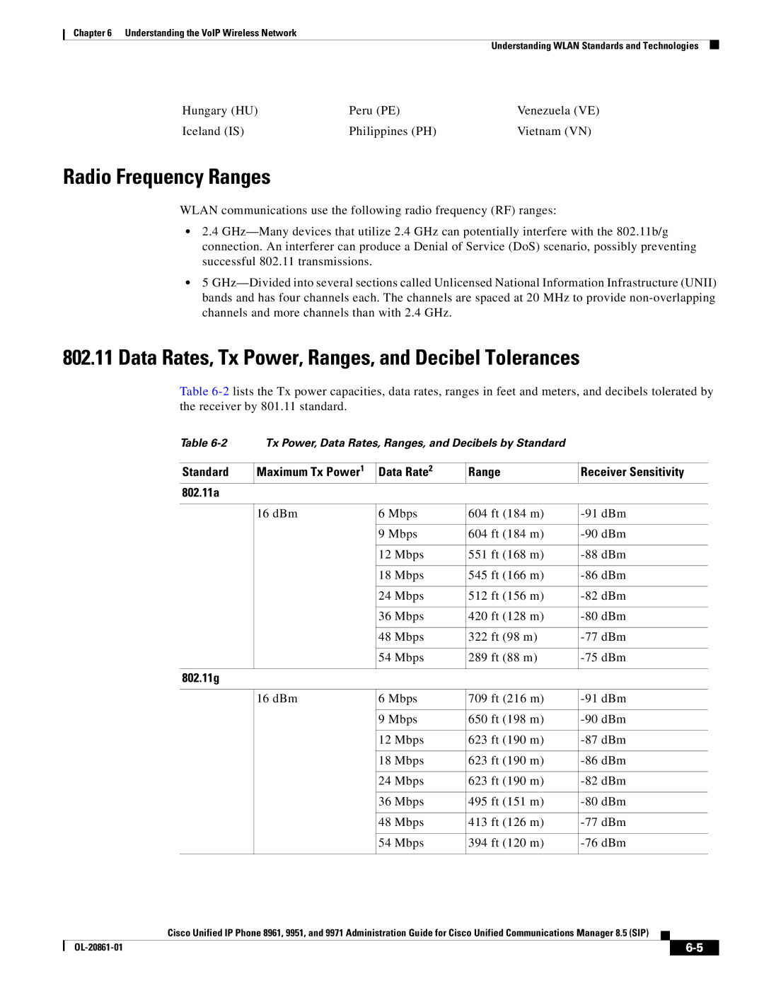 Cisco Systems 8961 manual Radio Frequency Ranges, Data Rates, Tx Power, Ranges, and Decibel Tolerances, Standard, 802.11g 