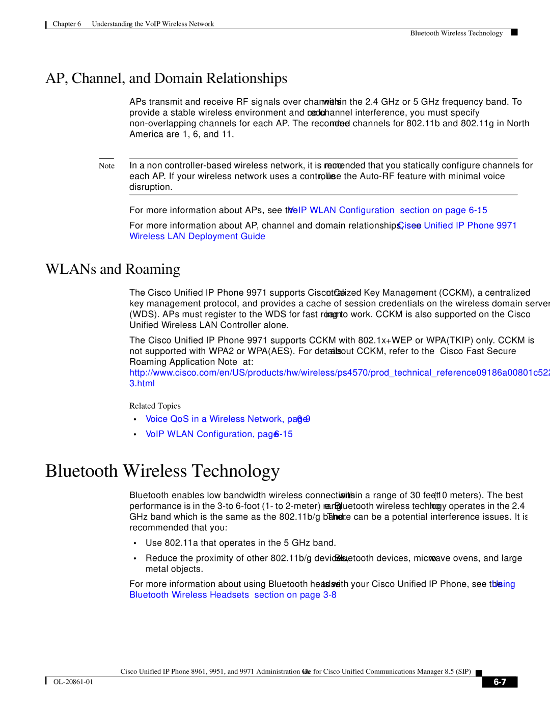 Cisco Systems 8961 manual Bluetooth Wireless Technology, AP, Channel, and Domain Relationships, WLANs and Roaming 