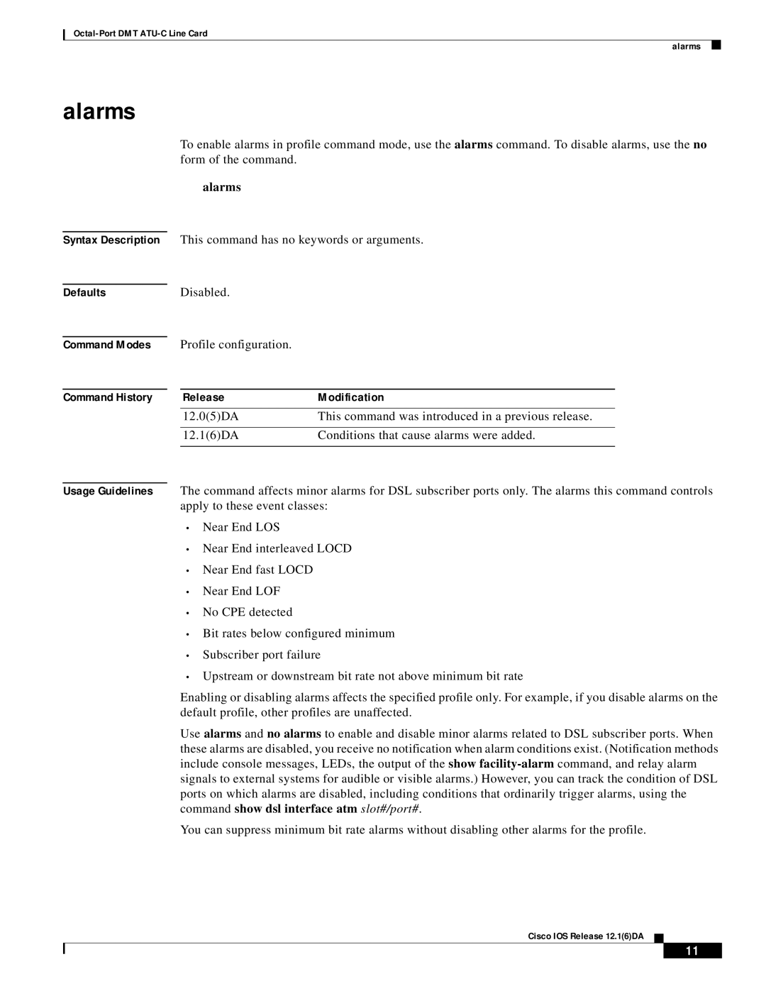 Cisco Systems 8xDMT manual Alarms, Syntax Description Defaults Command Modes Command History, Release Modification 