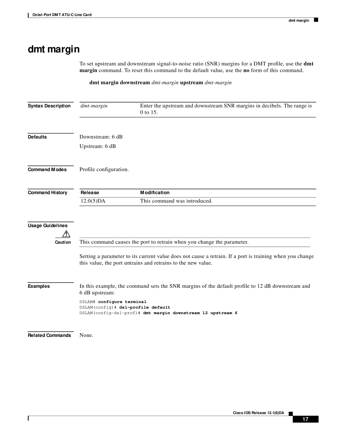 Cisco Systems 8xDMT manual Dmt margin downstream dmt-marginupstream dmt-margin, ReleaseModification 