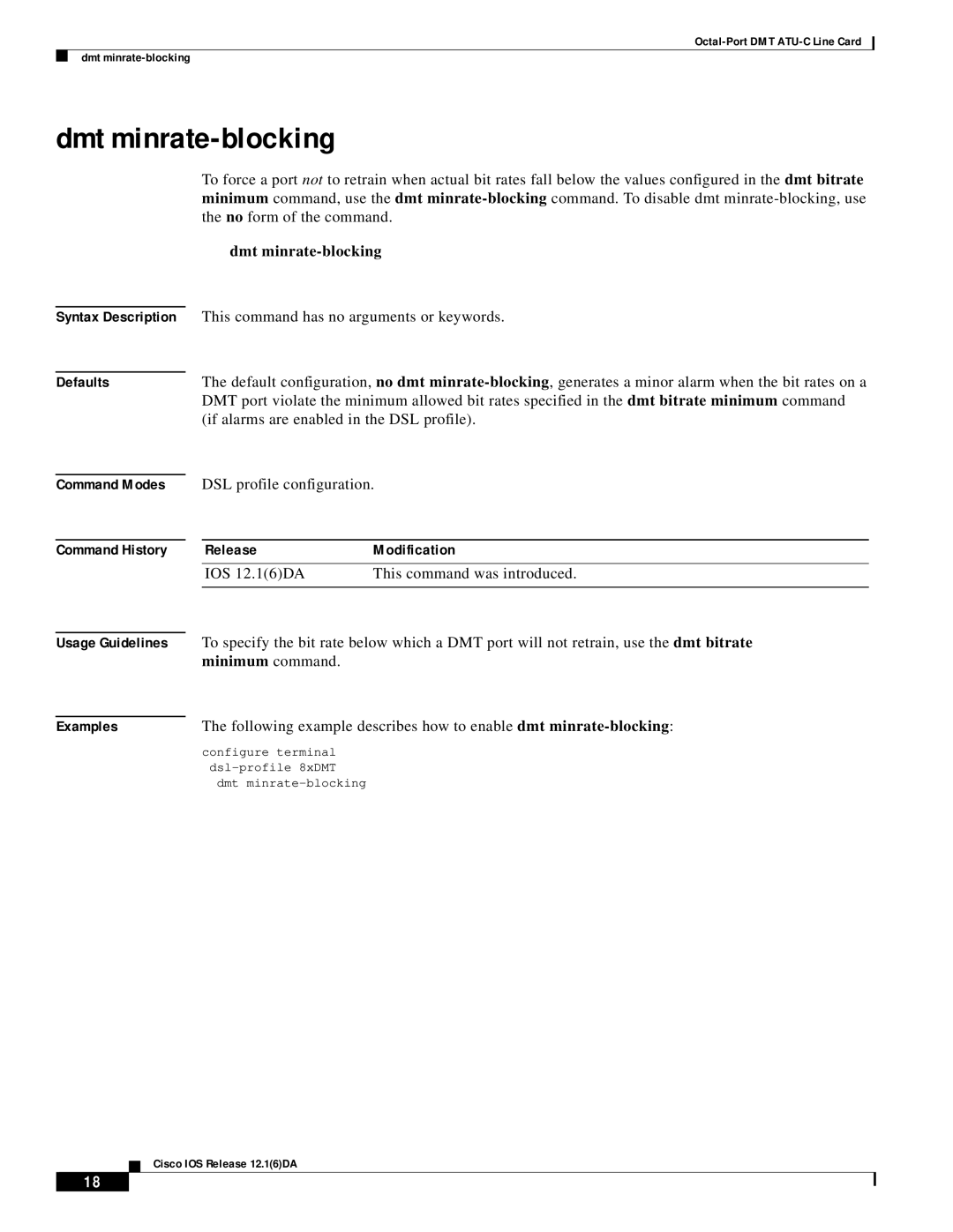 Cisco Systems 8xDMT Dmt minrate-blocking, Syntax Description Defaults Command Modes, Command History Release Modification 