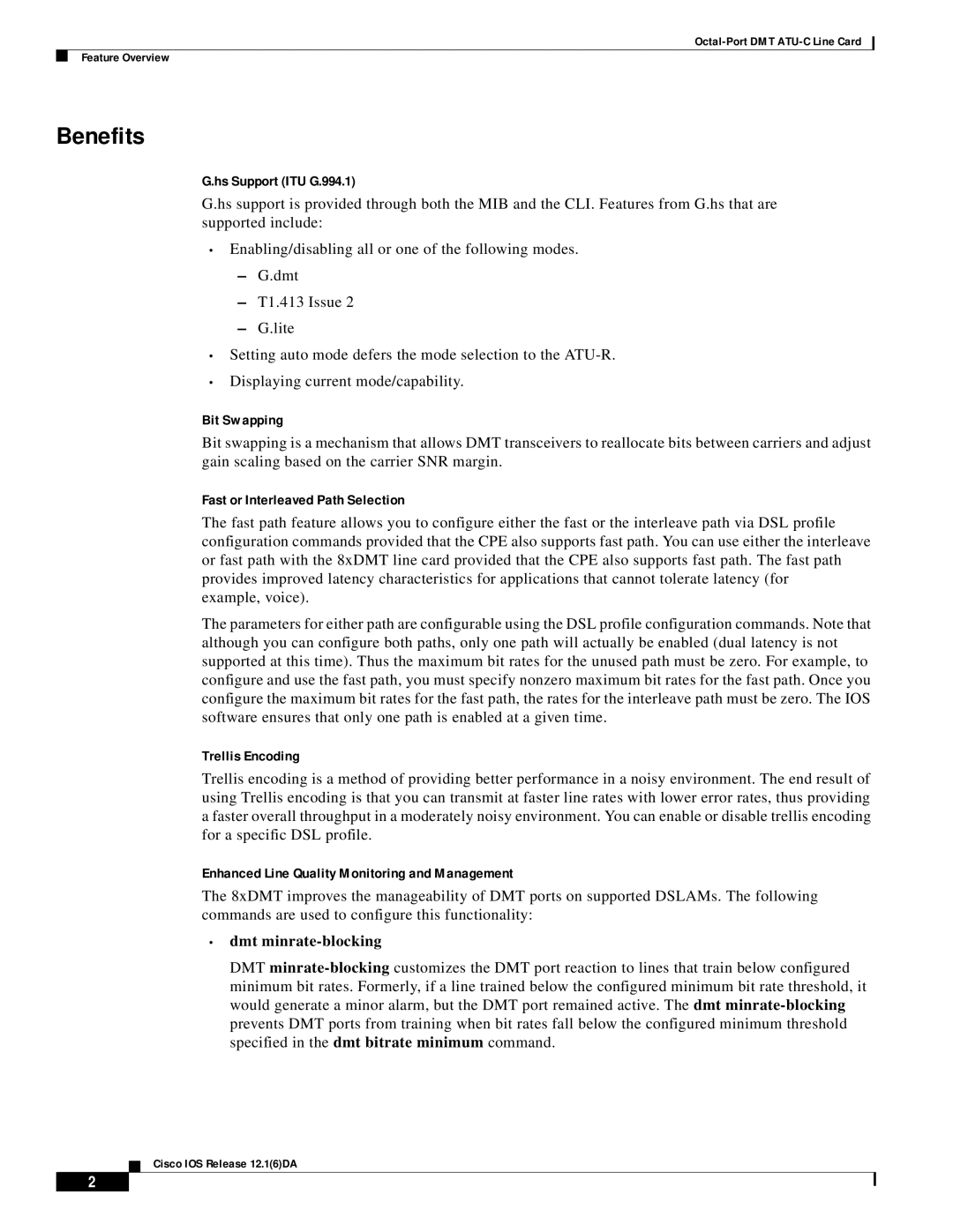 Cisco Systems 8xDMT manual Hs Support ITU G.994.1, Bit Swapping, Fast or Interleaved Path Selection, Trellis Encoding 