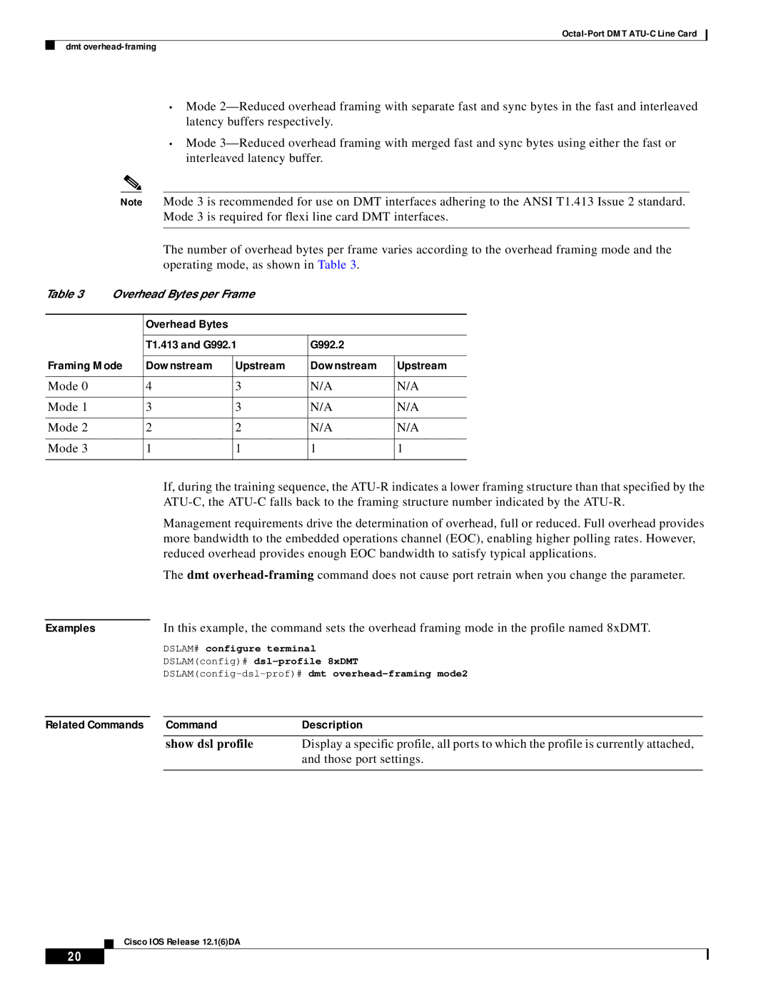 Cisco Systems 8xDMT manual T1.413 and G992.1 G992.2 Framing Mode Downstream Upstream, Related Commands Description 