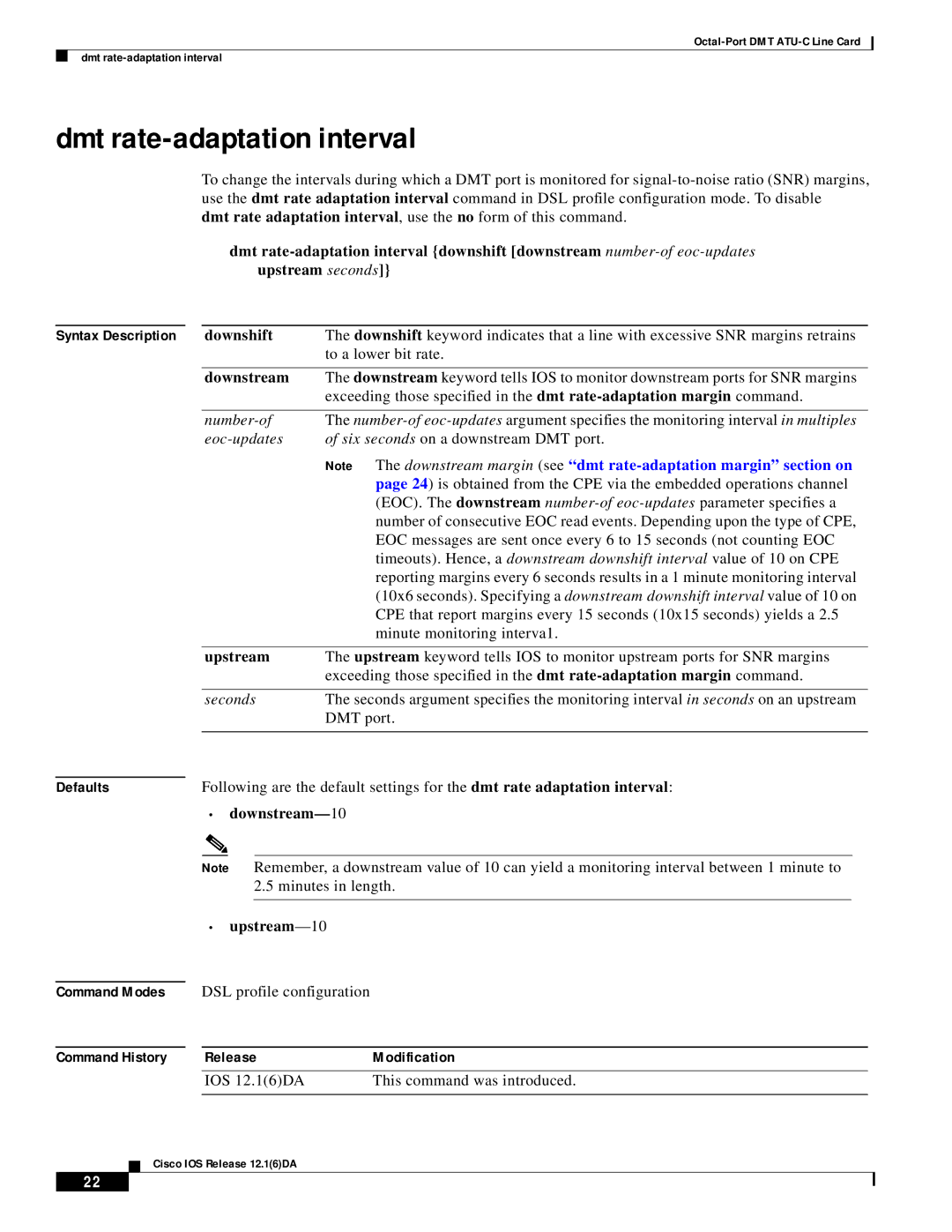 Cisco Systems 8xDMT manual Dmt rate-adaptation interval, Defaults Command Modes Command History 