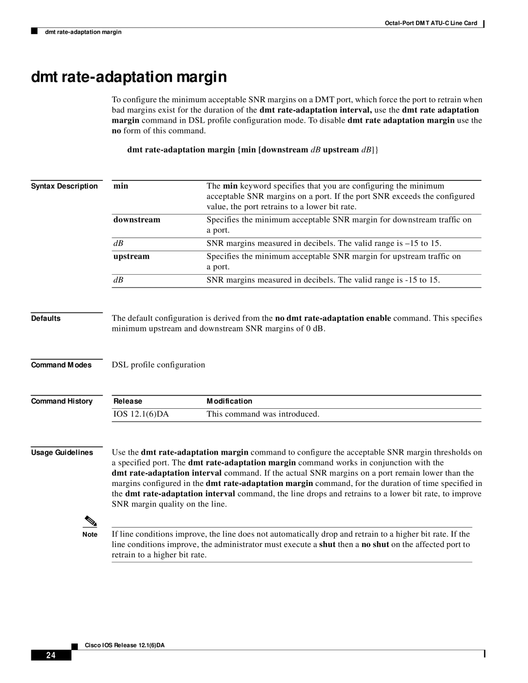 Cisco Systems 8xDMT manual Dmt rate-adaptation margin min downstream dB upstream dB, Min 