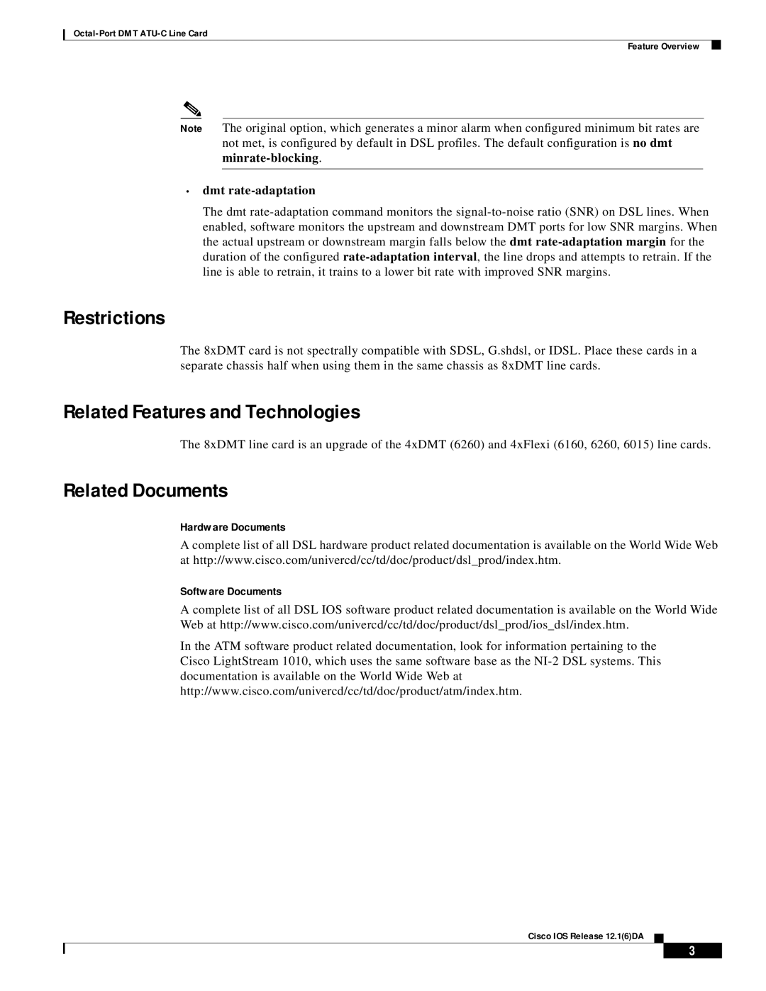 Cisco Systems 8xDMT manual Minrate-blocking Dmt rate-adaptation, Hardware Documents Software Documents 