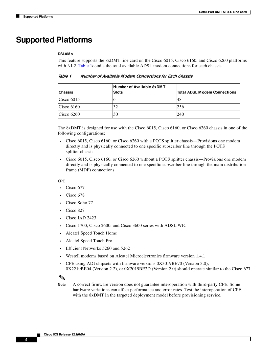 Cisco Systems manual Supported Platforms, DSLAMs, Number of Available 8xDMT Chassis Slots 