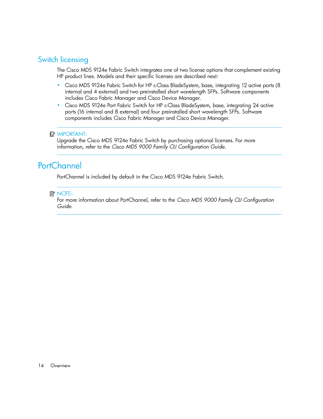 Cisco Systems 9124E manual PortChannel, Switch licensing 