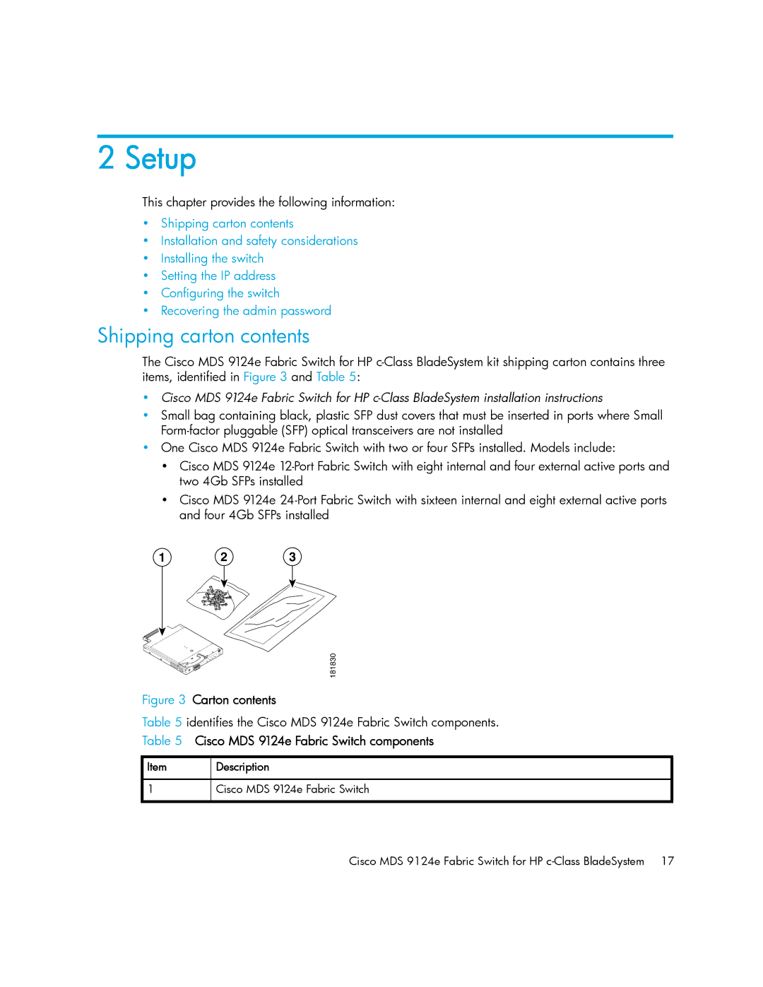 Cisco Systems 9124E manual Setup, Shipping carton contents 