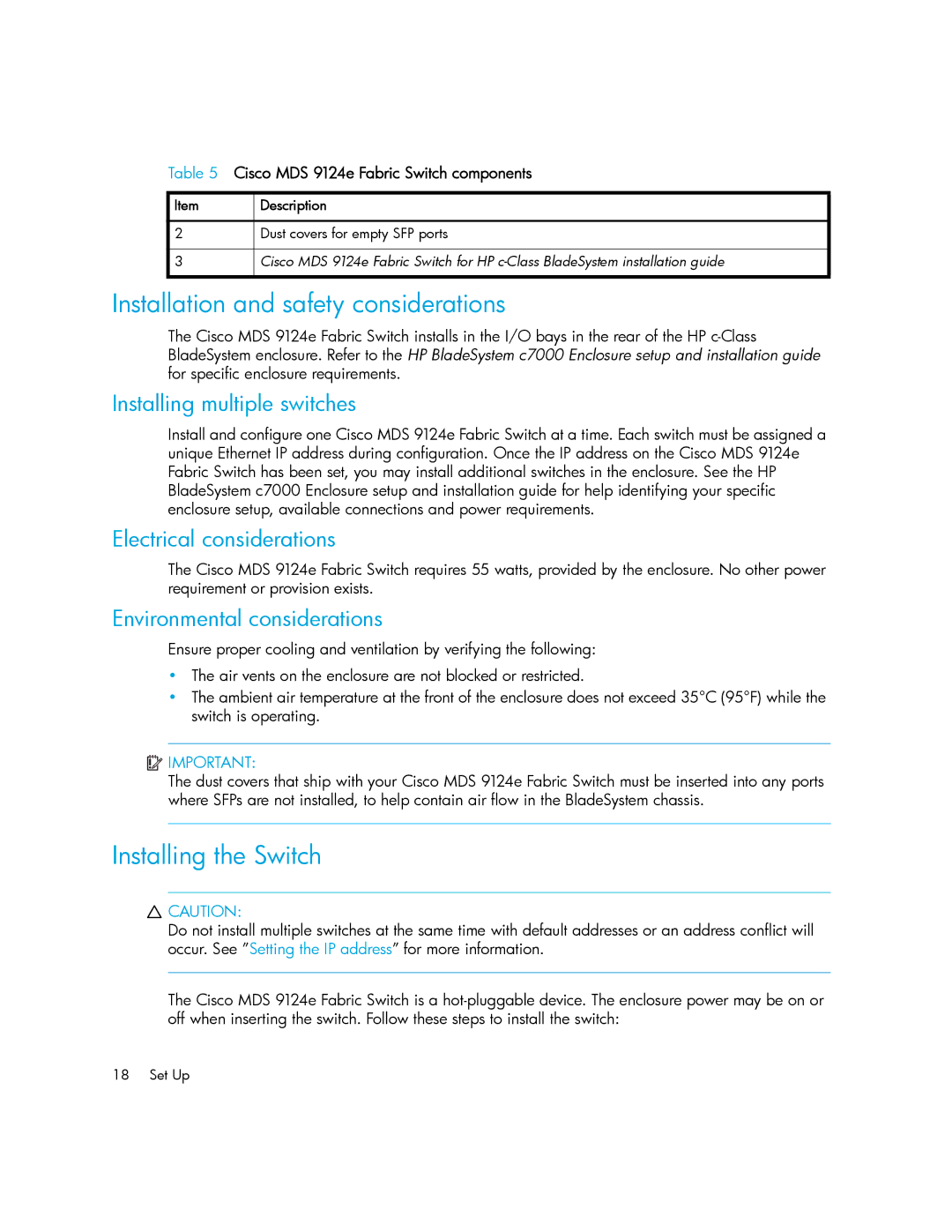 Cisco Systems 9124E manual Installation and safety considerations, Installing the Switch, Installing multiple switches 