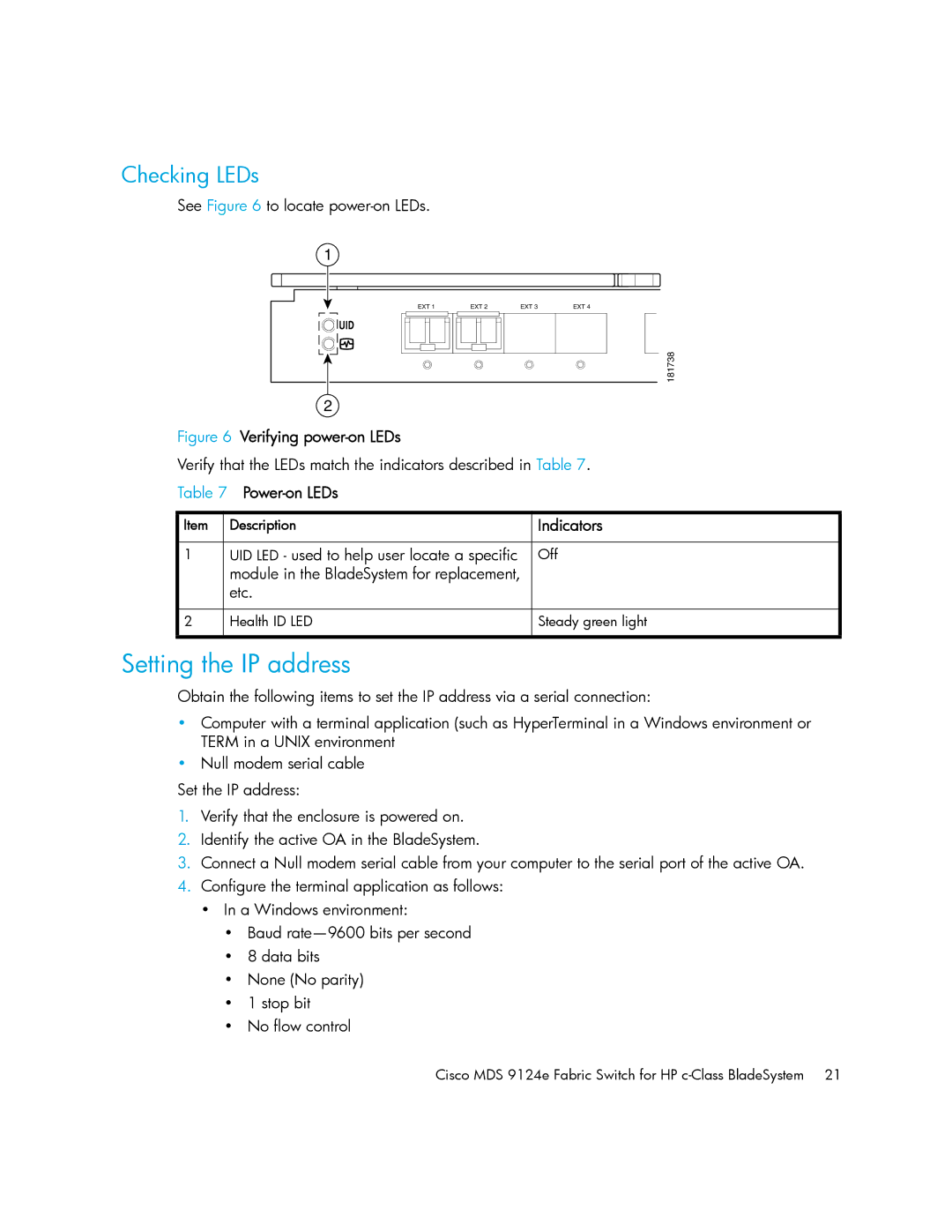 Cisco Systems 9124E manual Setting the IP address, Checking LEDs, Power-on LEDs, Indicators 