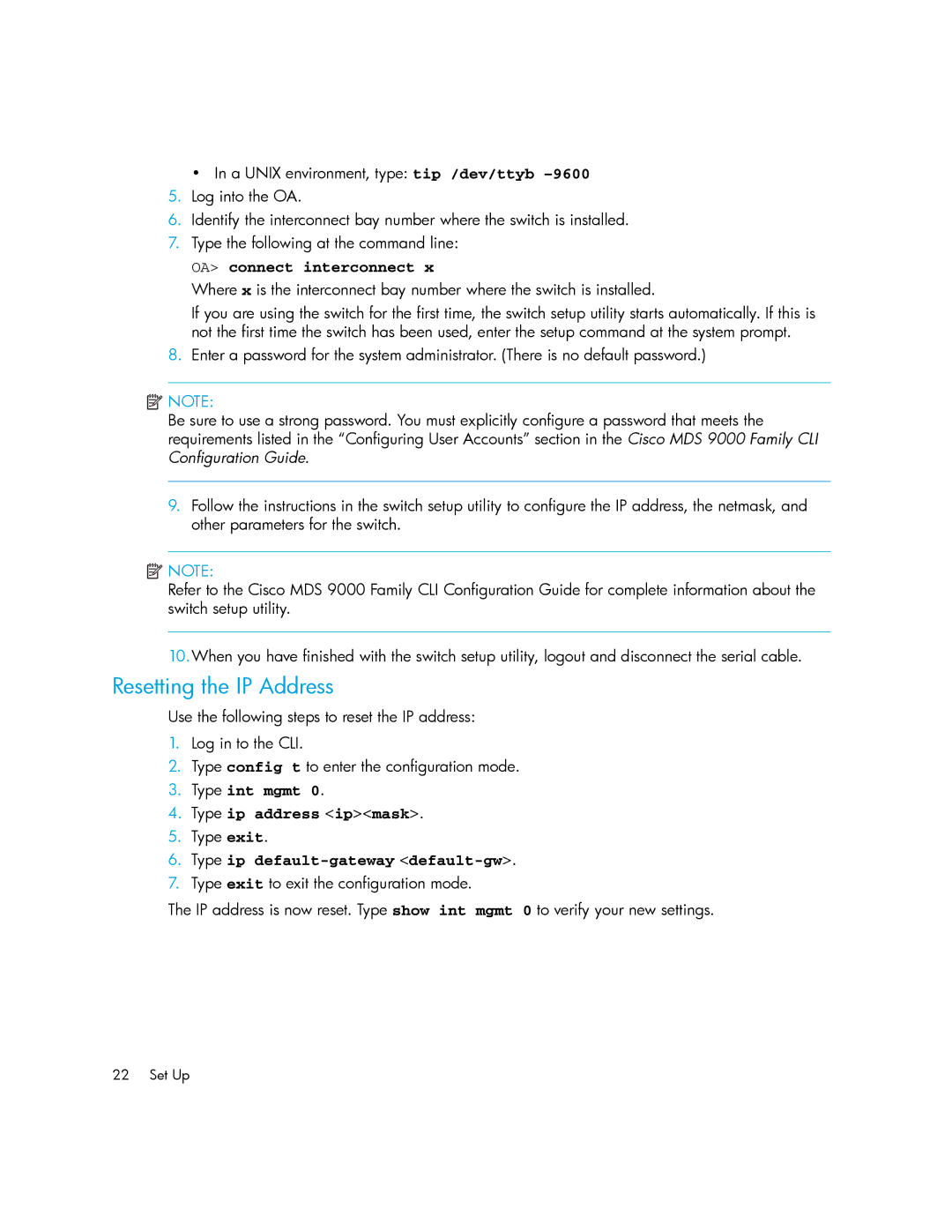 Cisco Systems 9124E manual Resetting the IP Address, OA connect interconnect 