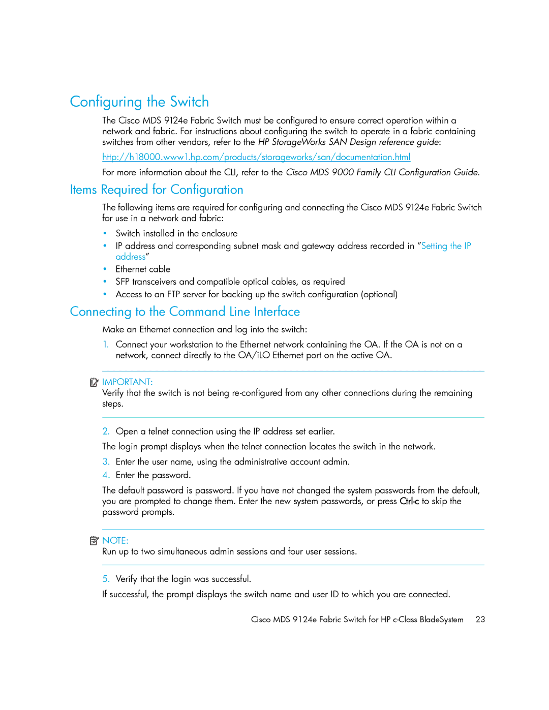 Cisco Systems 9124E Configuring the Switch, Items Required for Configuration, Connecting to the Command Line Interface 