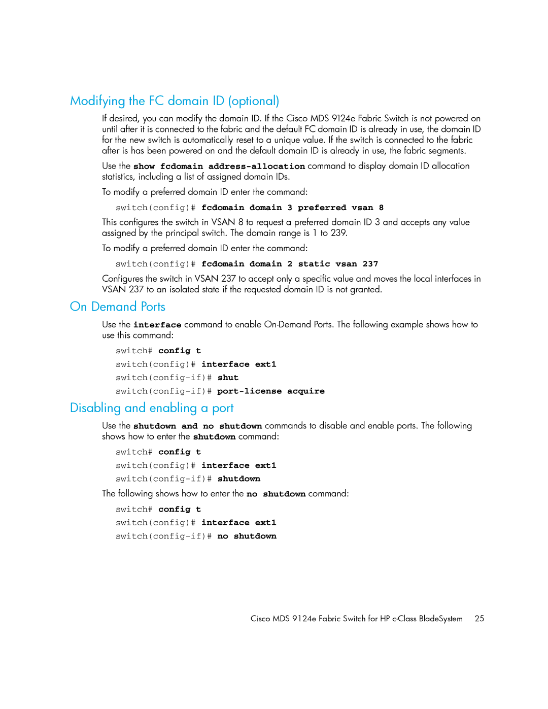 Cisco Systems 9124E manual Modifying the FC domain ID optional, On Demand Ports, Disabling and enabling a port 